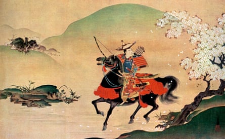 Minamoto No Yoshiie at the boundary to Nakoso, a painting by Suzuki Kiitsu, Japanese painter (1796-1858), of a man on horseback next to a blossoming tree
