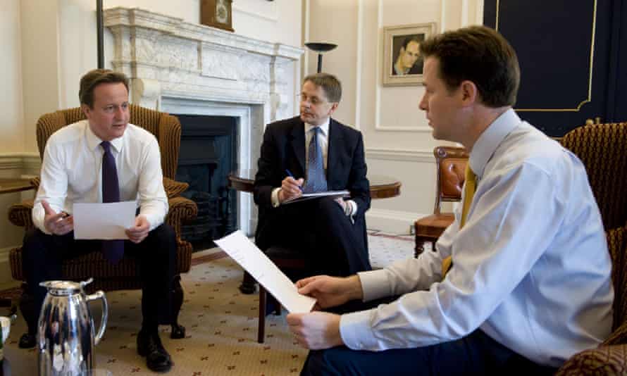 David Cameron, Jeremy Heywood and Nick Clegg at No 10 Downing Streetin the early days of the coalition