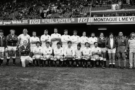 England’s lineup before facing Wales in the 1985 Five Nations at Cardiff Arms Park. Andy Simpson, in his sub’s tracksuit top, is back row, fourth from right