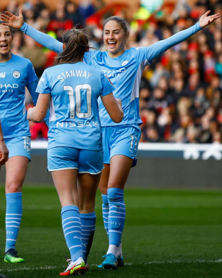 Women’s FA Cup photo essay – road to Wembley, fourth round: Nottingham Forest v Manchester City | Women's FA Cup 22 Manchester City’s Janine Beckie congratulates Stanway after hitting the seventh.