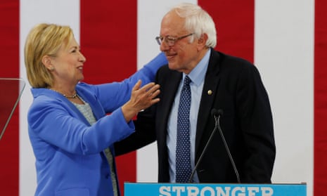 Hillary Clinton and Bernie Sanders appear together in Portsmouth, New Hampshire, in July 2016.