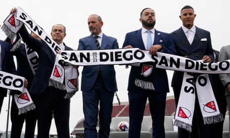 MLS commissioner Don Garber, second from left, stands with Mohamed Mansour, left, Sycuan Tribe chairman Cody Martinez, second from right, and San Diego Padres player Manny Machado on Thursday in San Diego.