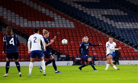 England's Lauren James scores their side's second goal against Scotland.