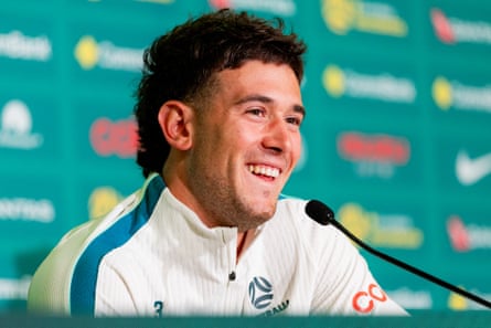 Alessandro Circati speaks astatine a Socceroos media conference