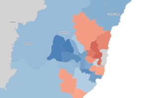 Two-party-preferred swing by electorate, showing the Sydney region