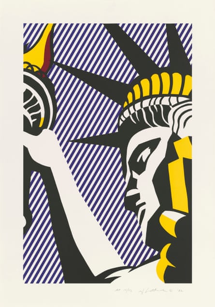 pop art screenprint of statue of liberty in blue and yellow