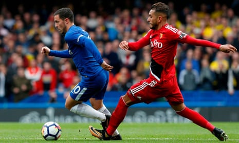 Chelsea’s Eden Hazard attempts to surge past Watford’s Roberto Pereyra.