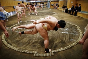 Students train at a sumo club in Tokyo, Japan