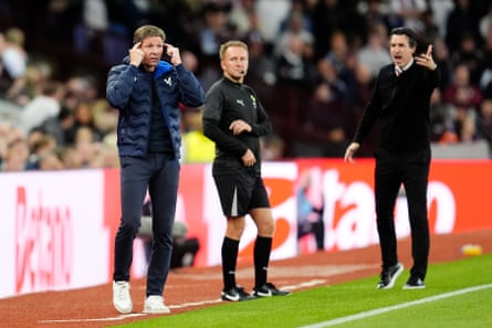 The Crystal Palace manager, Oliver Glasner (left), motion connected nan touchline during nan Premier League triumph against Aston Villa.