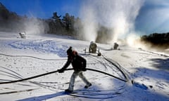 Snowmaking on the slopes begins early in the morning to allow for skiing over the course of the day.