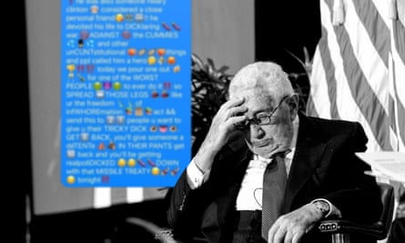 blurred text message superimposed on image of kissinger holding head
