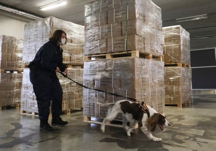 Customs employees demonstrating drug searching in the port of Antwerp, Belgium, on 5 January 2021.