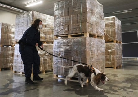 Customs employees demonstrating drug searching in the port of Antwerp, Belgium, on 5 January 2021. 