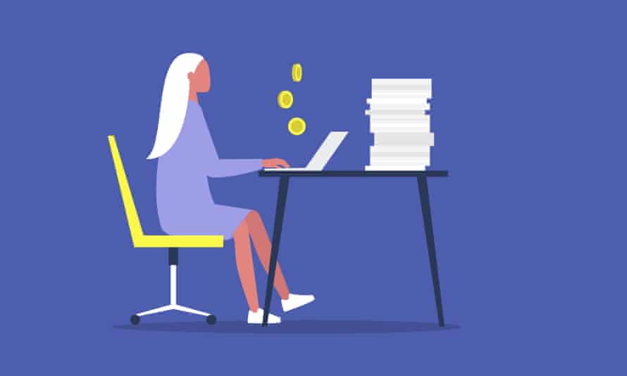 A young woman at a computer with coins rising out of it, and a pile of papers behind her.