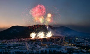 Fireworks mark the opening of the Samjiyon County township in North Korea.