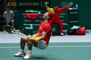 Rafael Nadal of Spain, playing partner of Feliciano Lopez celebrates match point in their semi-final doubles match against Jamie Murray and Neal Skupski.