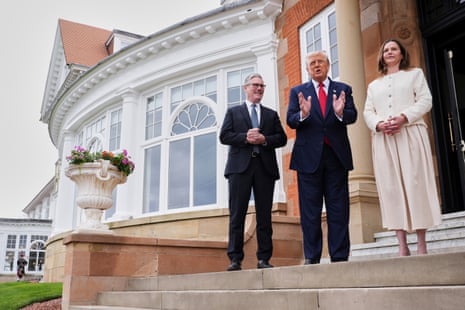 President Donald Trump with Keir Starmer, left, and Starmer’s wife Victoria at the Trump Turnberry golf course in Turnberry.