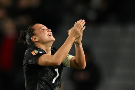 Ali Riley soaks in the moment after New Zealand beat Norway at the 2023 World Cup.