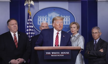 Donald Trump speaks during a news conference with Mike Pompeo, Mike Pence, Dr Deborah Birx and Dr Anthony Fauci.