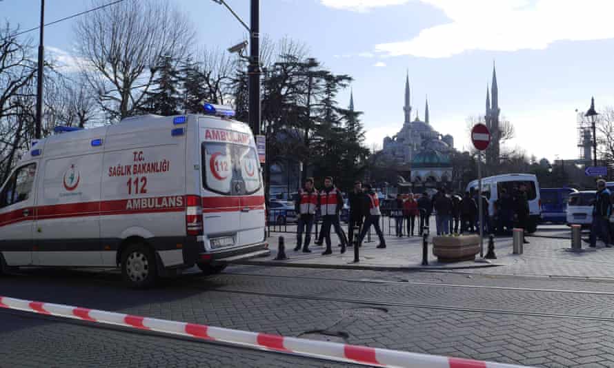 An ambulance arrives at the scene in the Sultanahment district, Turkey.
