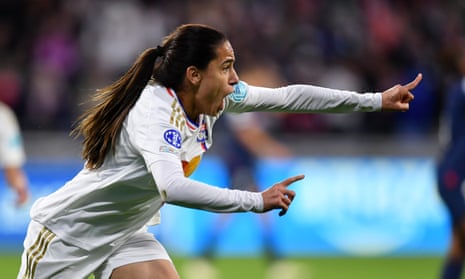 Amel Majri of Olympique Lyonnais celebrates scoring her team’s third goal.