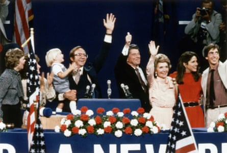 Ronald Reagan at the 1980 Republican national convention with, from right, Ron Jnr, Davis, Nancy, and children Michael and Maureen from his earlier marriage.