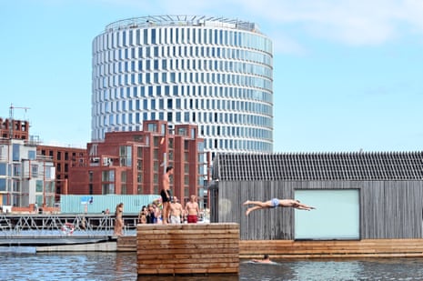 Come on in, the water’s lovely … Sandkaj harbour bath is one of several architect-designed options for public swimming in Copenhagen, and the water quality is monitored on a dedicated app. 