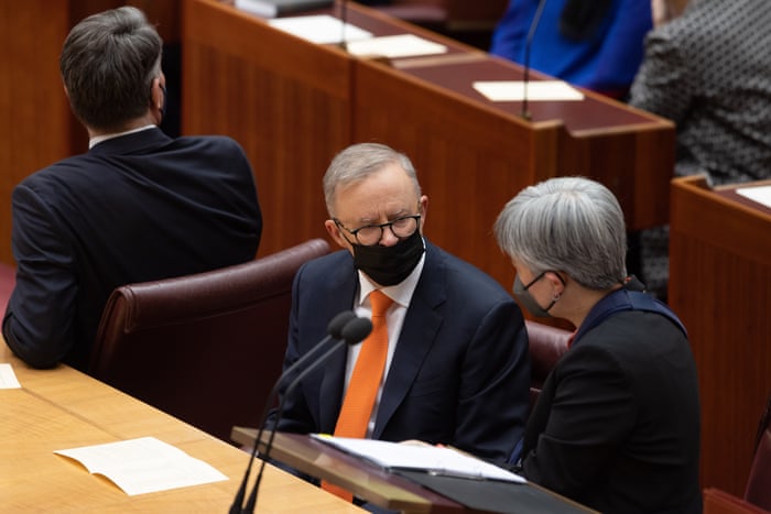 Prime Minister Anthony Albanese sits with Labor leader of the senate Penny Wong as members of the upper and lower house gather in the senate chamber