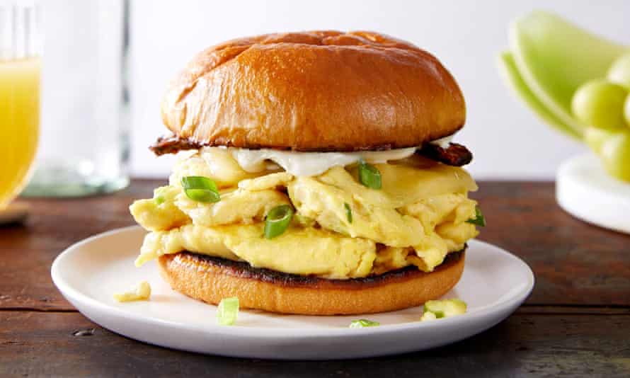 A burger made with a scrambled-egg imitation made from mung beans by the plant-based food startup JUST.