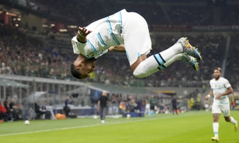 Pierre-Emerick Aubameyang delivers an acrobatic celebration after doubling Chelsea’s lead