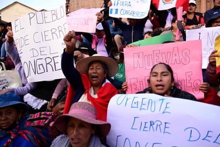 Supporters of Peru’s ousted president Pedro Castillo at a protest at the Plaza de Armas in Cusco
