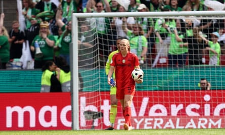 Magdalena Eriksson looks on after Wolfsburg’s Jule Brand scores against Bayern in the DFB Pokal final