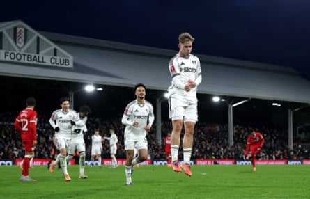 Emile Smith Rowe celebrates scoring Fulham’s second against Middlesbrough in the FA Cup third round on 10 January 2026.