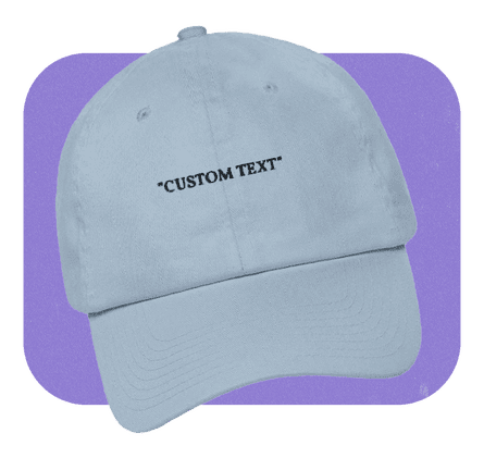 Light blue baseball cap with text ‘Custom Text’ written on the front.