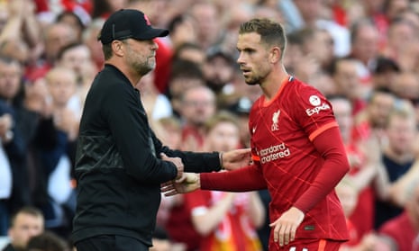 Jürgen Klopp with Jordan Henderson during August’s game with Chelsea. While the captain is one of six players signed to new contracts, Liverpool did not splash out.