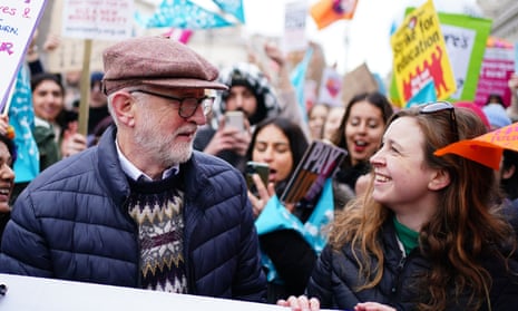 Former Labour party leader Jeremy Corbyn joins members of the National Education Union (NEU) on a march through Westminster.