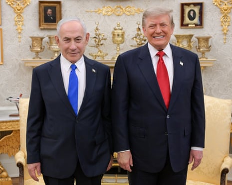 President Trump and Prime Minister Netanyahu stand smiling side by side at the White House