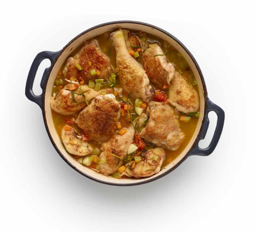 Felicity Cloake’s pollo alla cacciatore or hunter’s chicken masterclass stage 6: Put the chicken back in the pan, pushing the pieces down into the sauce. Once it’sthe sauce is bubbling away again, cover tightly, turn down the heat and leave it to cook quietly for about 45 minutes, or until the meat is falling from the bone.