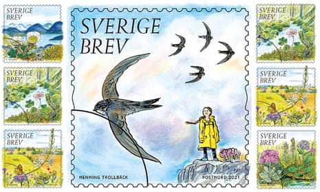 New Swedish post stamp features Greta Thunberg illustrated by Henning Trollback, have environmental themes.