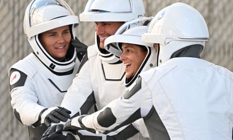 Nicole Mann, second right, with Josh Cassada, Russian cosmonaut Anna Kikina, and Japanese astronaut Koichi Wakata.