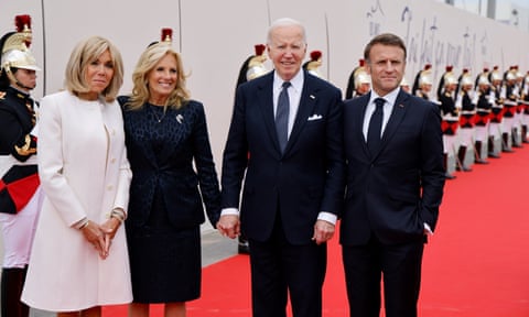 From left: Brigitte Macron, the French president’s wife; Jill Biden, the US first lady; Joe Biden, the US president; and Emmanuel Macron, France’s president, at the commemorative ceremony at Omaha Beach.
