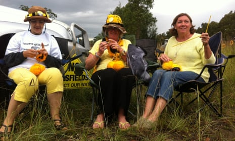 Knitting Nannas (from left) Kerrie Dean, Dominique Jacobs and Annemie Pelletier participate in a NSW-wide anti-CSG demonstration on the side of the Pacific Highway.