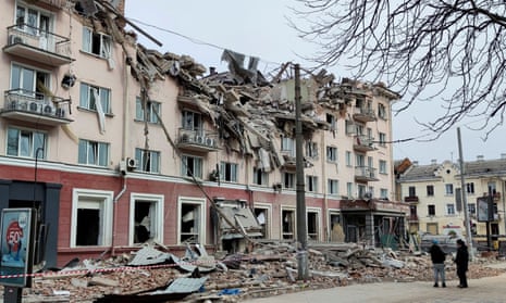A view shows hotel ‘Ukraine’ destroyed during an air strike in central Chernihiv.