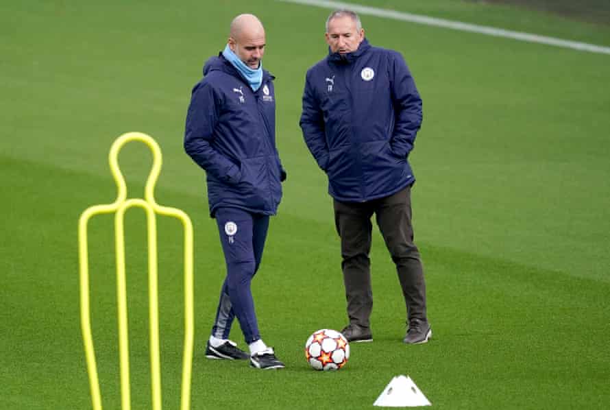 Pep Guardiola with Manchester City sporting director Txiki Begiristain in training in March.