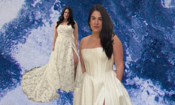 composite image of the same woman in two different wedding dresses