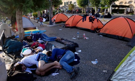 Syrian refugees sleep on the street on Kos, Greece