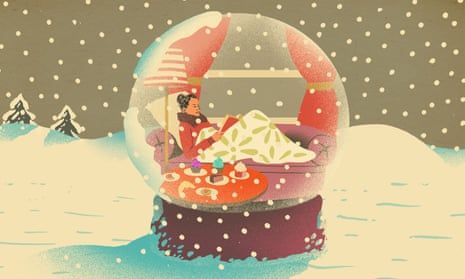 A colourful illustration of winter scene with a woman in a giant snow globe lying on a sofa reading, cakes on a table next to her