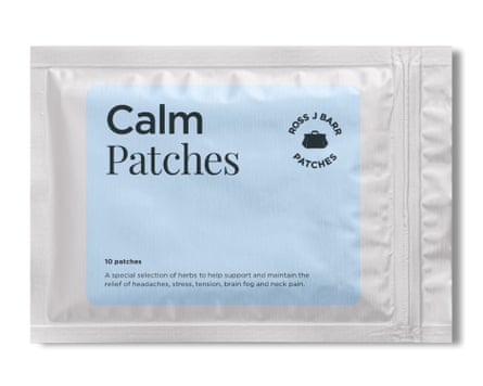 A silver packet of Ross J. Barr Calm Patches with a light blue label.