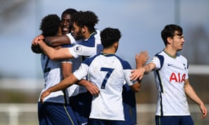 Tottenham Hotspur U23 v Manchester United U23: Premier League 2ENFIELD, ENGLAND - MARCH 19: Marcel Lavinier of Tottenham Hotspur celebrates with teammates after scoring their team’s second goal during the Premier League 2 match between Tottenham Hotspur and Manchester United at Tottenham Hotspur Training Centre on March 19, 2021 in Enfield, England. (Photo by Alex Davidson/Getty Images)