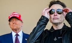 Donald Trump in a blue suit and MAGA baseball cap and Elon Musk in a leather jacket and aviator watch something in the distance